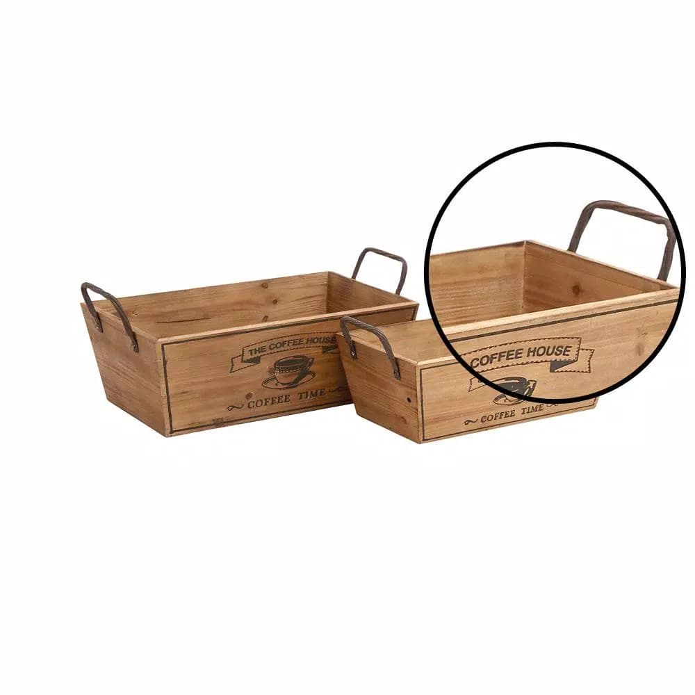 LITTON LANE Farmhouse Natural Brown Wood and Iron Decorative Wine Trays, Set of 2