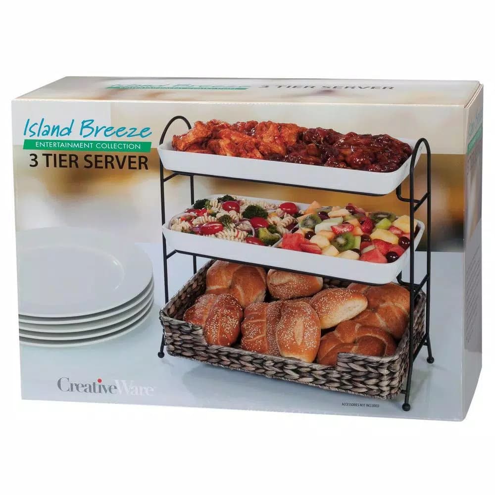 Unbranded CreativeWare Island Breeze 3-Tier Buffet Server Set with Ceramic Platters and Water Hyacinth Basket