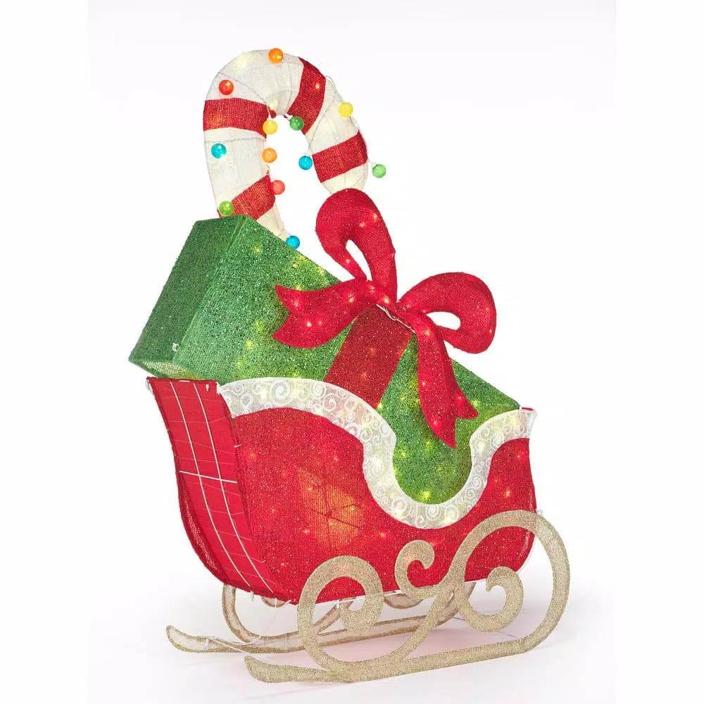 Home Accents Holiday 61 in. LED Sleigh with Presents Yard Decoration, Cool White Lights