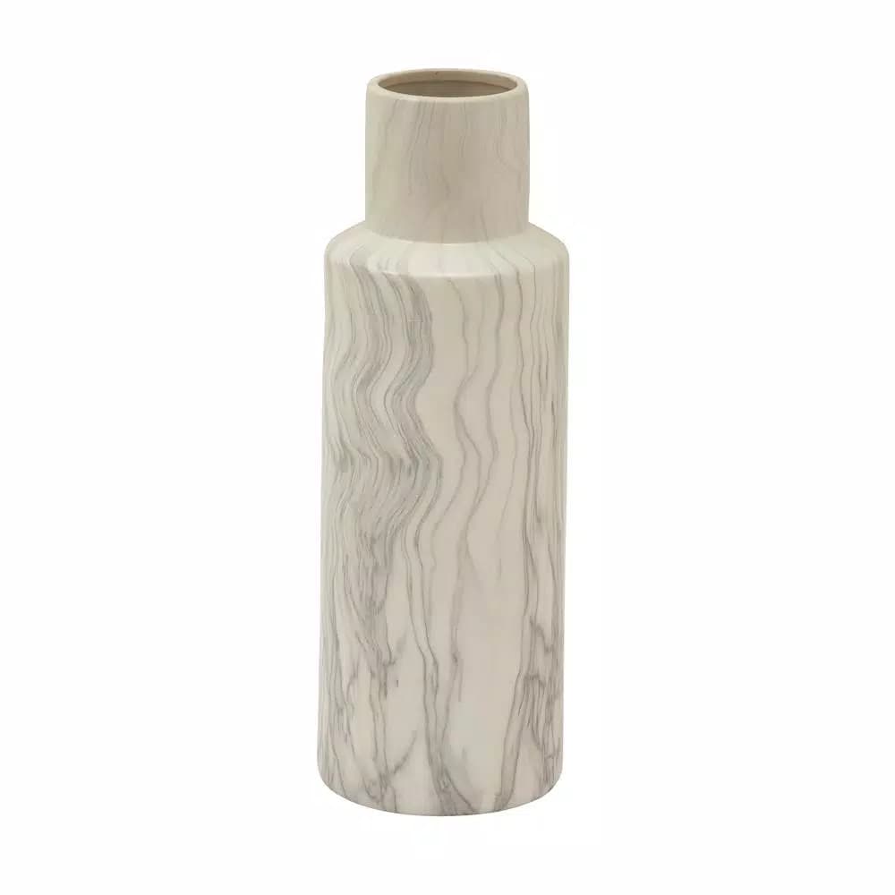 LITTON LANE 21 in. Classic Marble Cylinder White Ceramic Decorative Vase with Gray Veining
