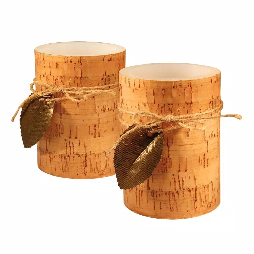 LUMABASE 4 in. Cork Wrapped Flameless LED Pillar Candles with Leaf and Jute Bow (Set of 2)