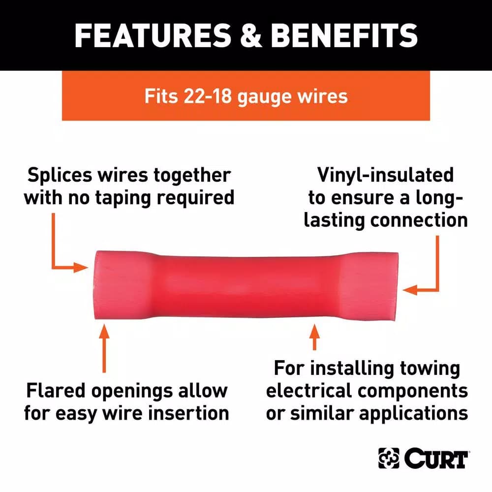 CURT Butt Connectors, 22-18 Gauge Wire, Red, 100-Pack