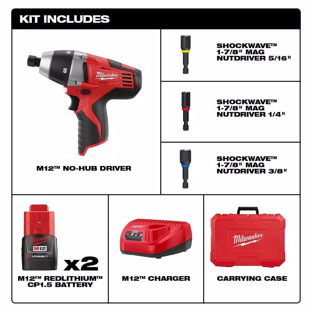 Milwaukee 2455-22 M12 12V Lithium-Ion Cordless 1/4 in. Hex No-Hub Driver Kit with (2) 1.5Ah Batteries & Hard Case