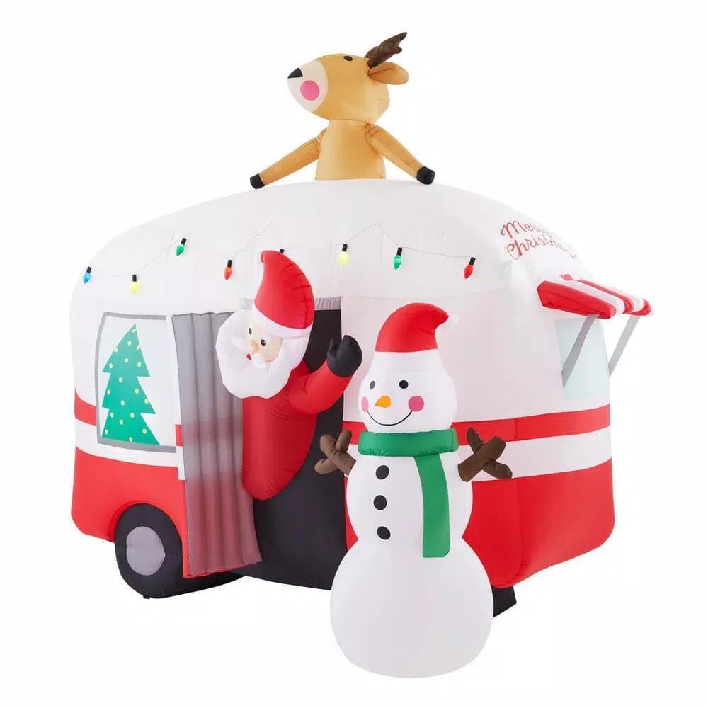 Unbranded 7 ft. Pre-Lit Inflatable Jolly Holiday Camper with Santa, Snowman, and Reindeer