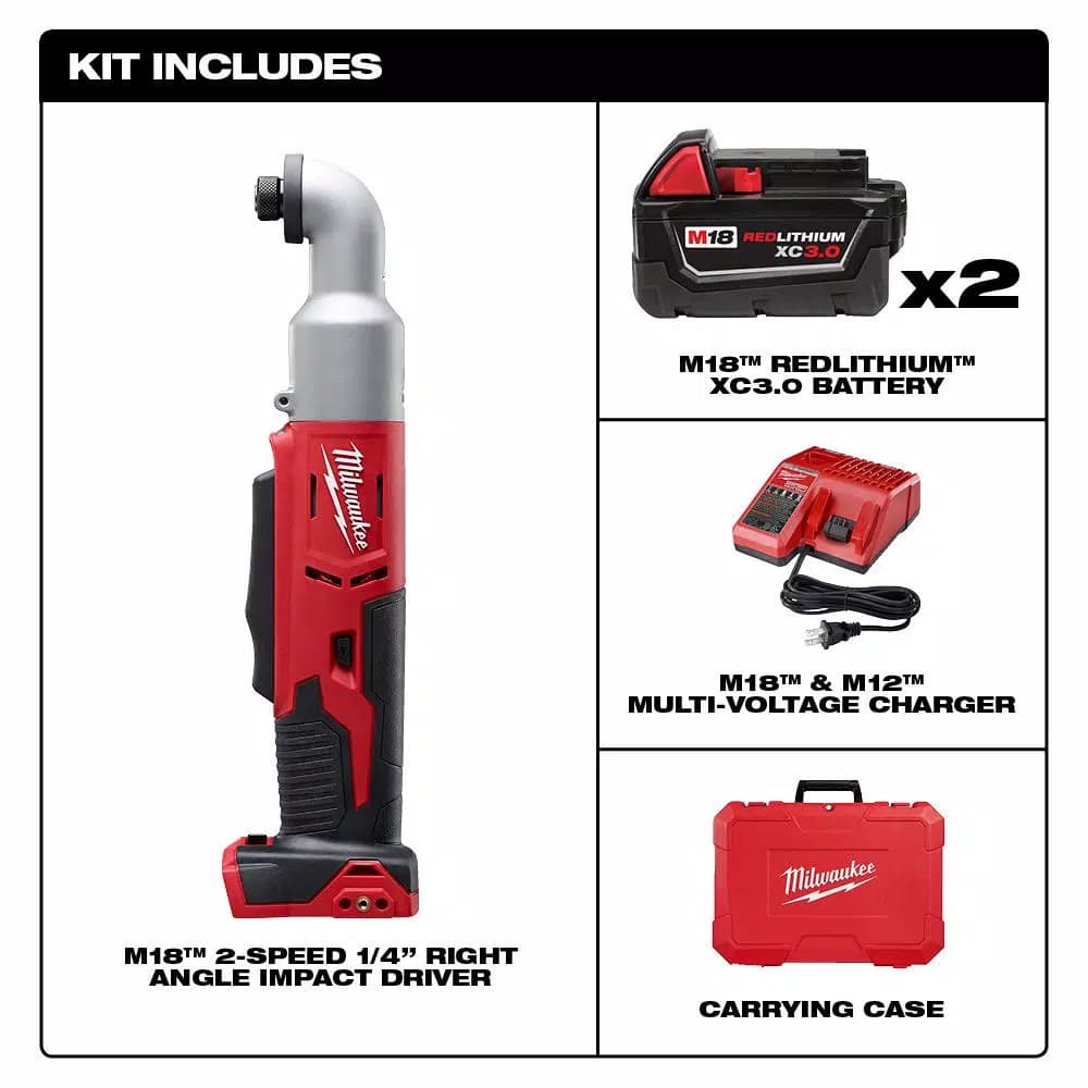 Milwaukee M18 18V Cordless 1/4 in. Hex 2-Speed Right Angle Impact Driver Kit with (2) 3.0 Ah Batteries, Charger & Case