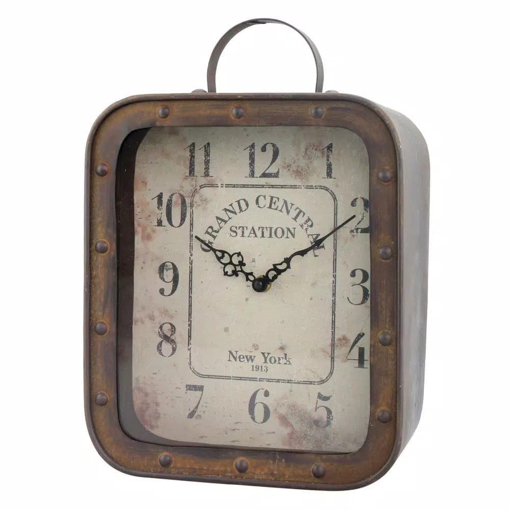 Stonebriar Collection Grand Central Station 14 in. x 10 in. Rustic Metal and Glass Square Tabletop Analog Clock