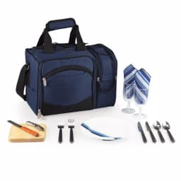 Picnic Time Malibu Navy Wood Picnic Cooler Tote - Insulated Soft-Side Cooler with Deluxe Picnic Service for Two thumbnail 1