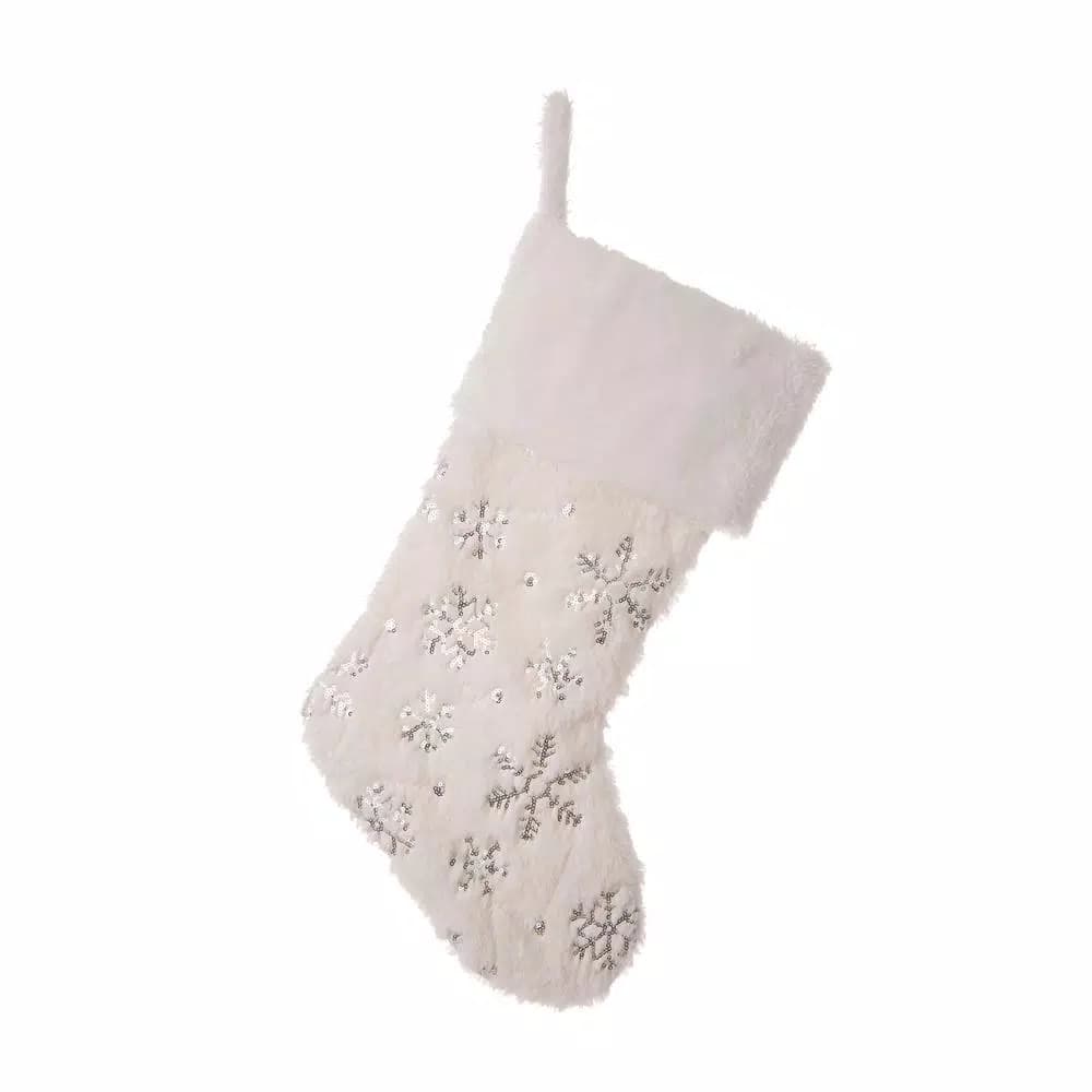 Glitzhome 21 in. White Plush Faux Fur Christmas Stocking with Silver Sequin Snowflake Embroidery