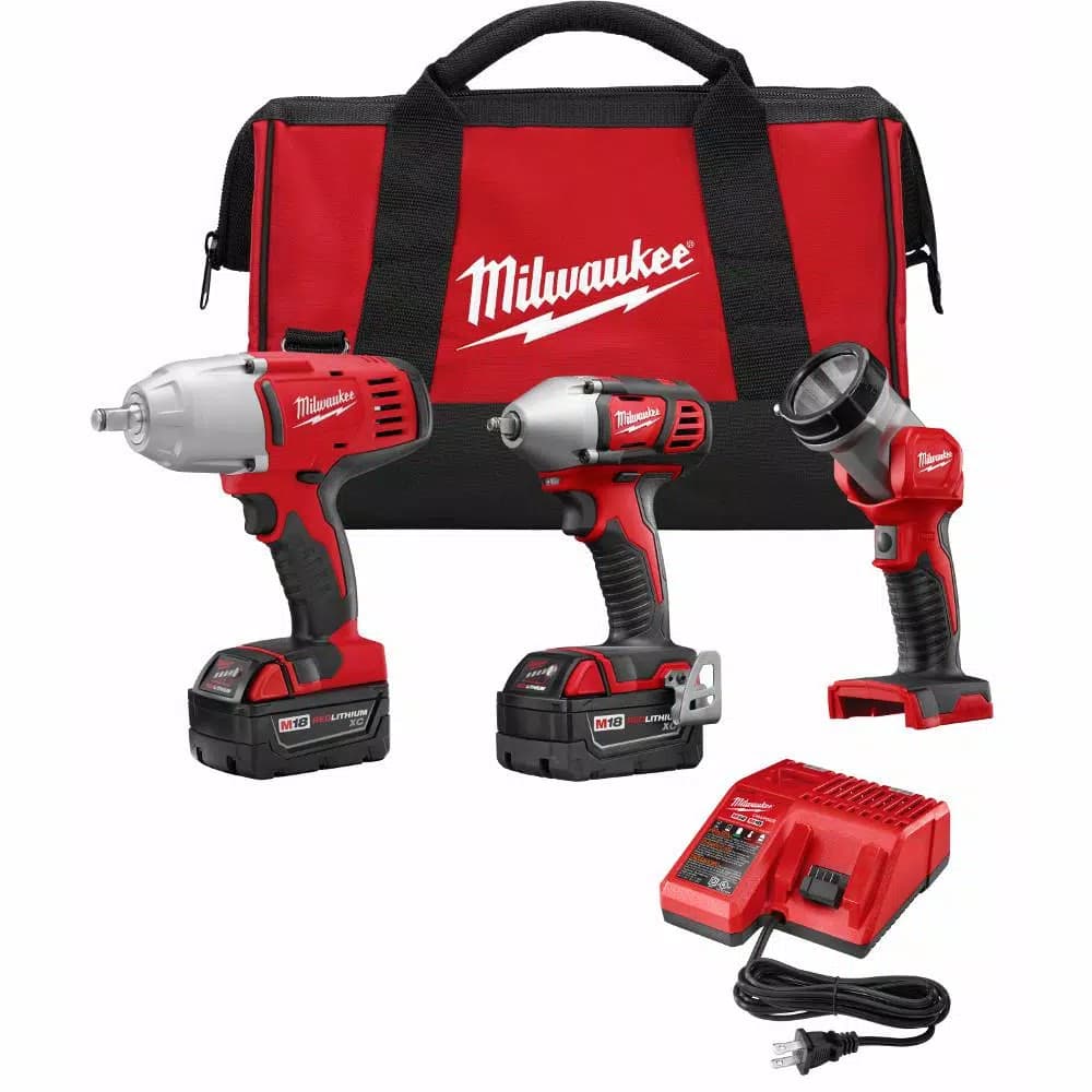 Milwaukee M18 18V Lithium-Ion Cordless 3-Tool Combo Kit with (2) 3.0 Ah Batteries, Charger, and Tool Bag