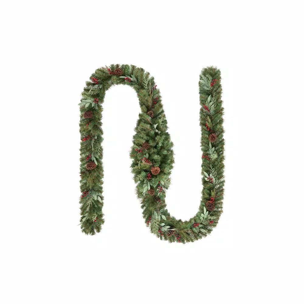 Home Accents Holiday Woodmoore 17 ft. Artificial Christmas Garland with Poinsettias, Berries, and Pinecones