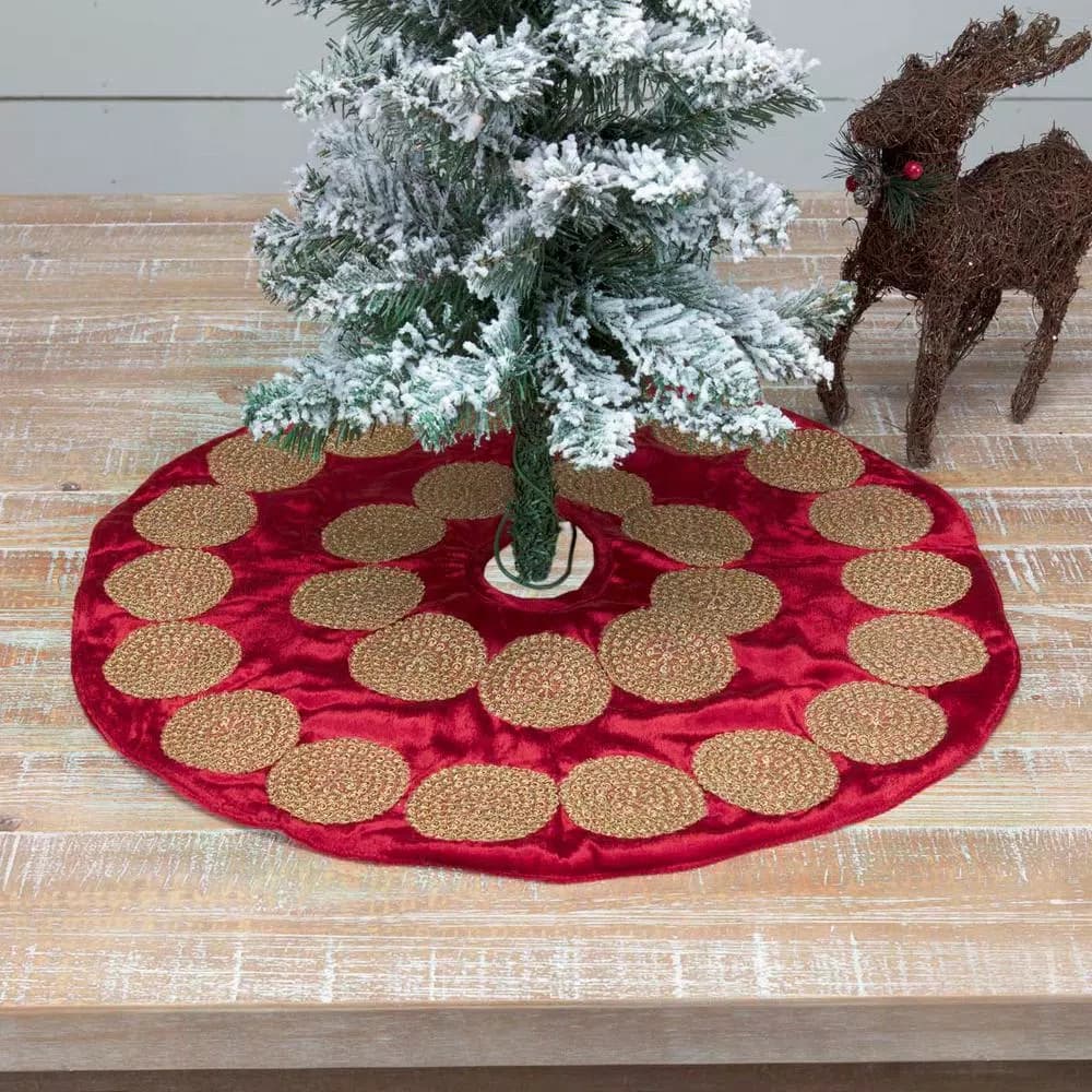 VHC Brands 21 in. Red Memories Glam Christmas Mini Tree Skirt with Gold Trim