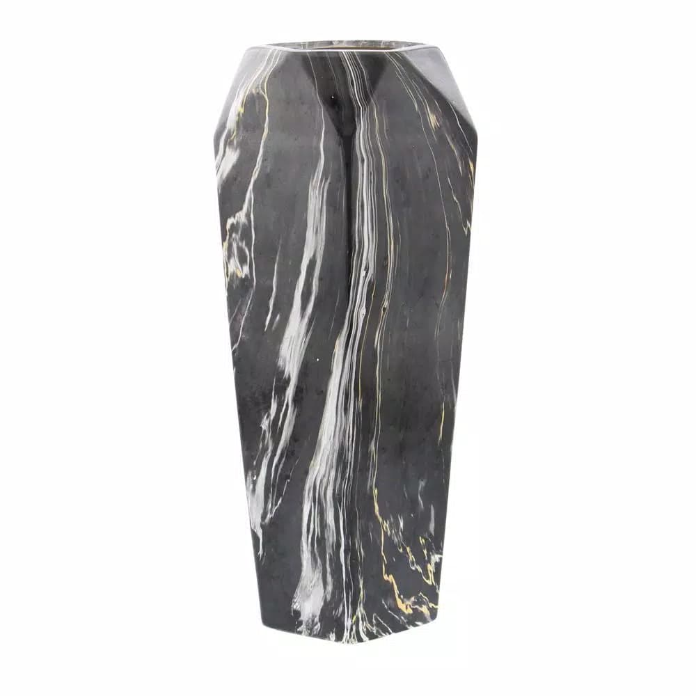 LITTON LANE Modern Reflections 14 in. Black and White Marble Patterned Ceramic Geometric Vase