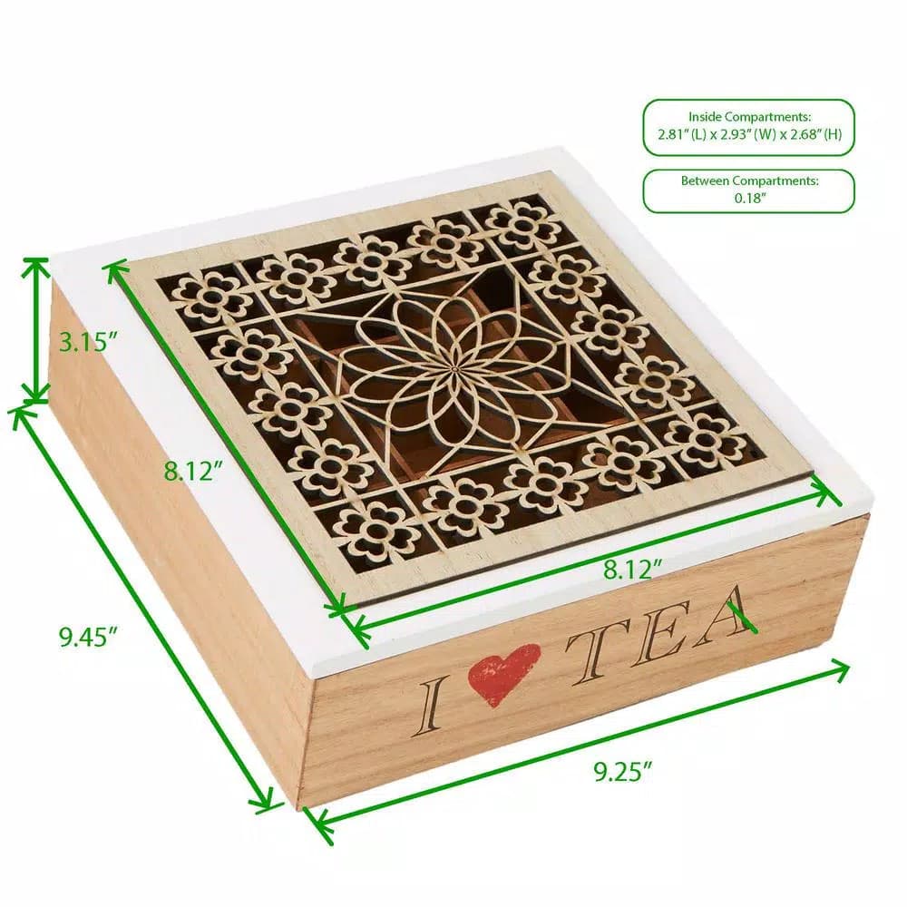 Mind Reader Brown Wood Floral Pattern Tea Box Storage Organizer Holder