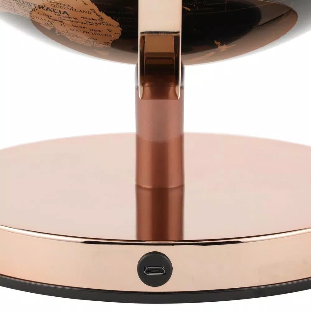 Unbranded 12.5 in. Black and Gold Topographical LED Globe with Rose Gold Metal Frame