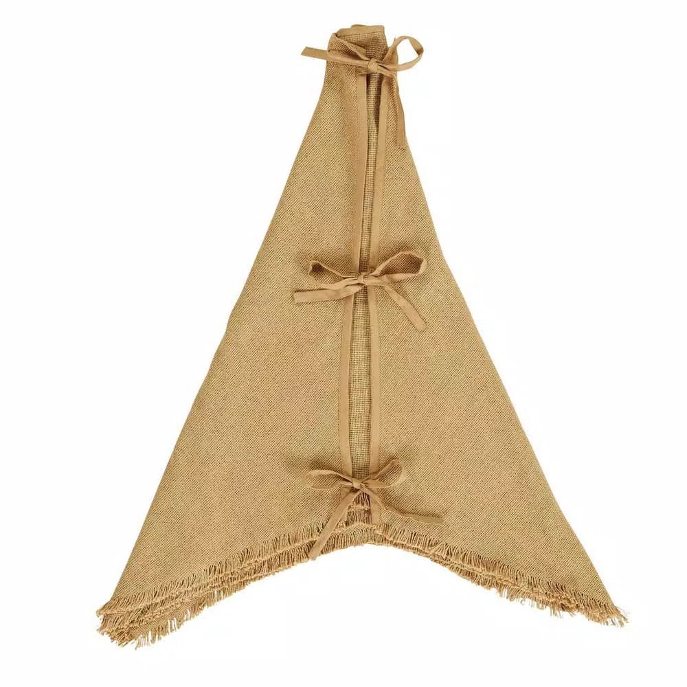 VHC Brands 48 in. Burlap Natural Tan Farmhouse Christmas Tree Skirt with 8-Point Star Design
