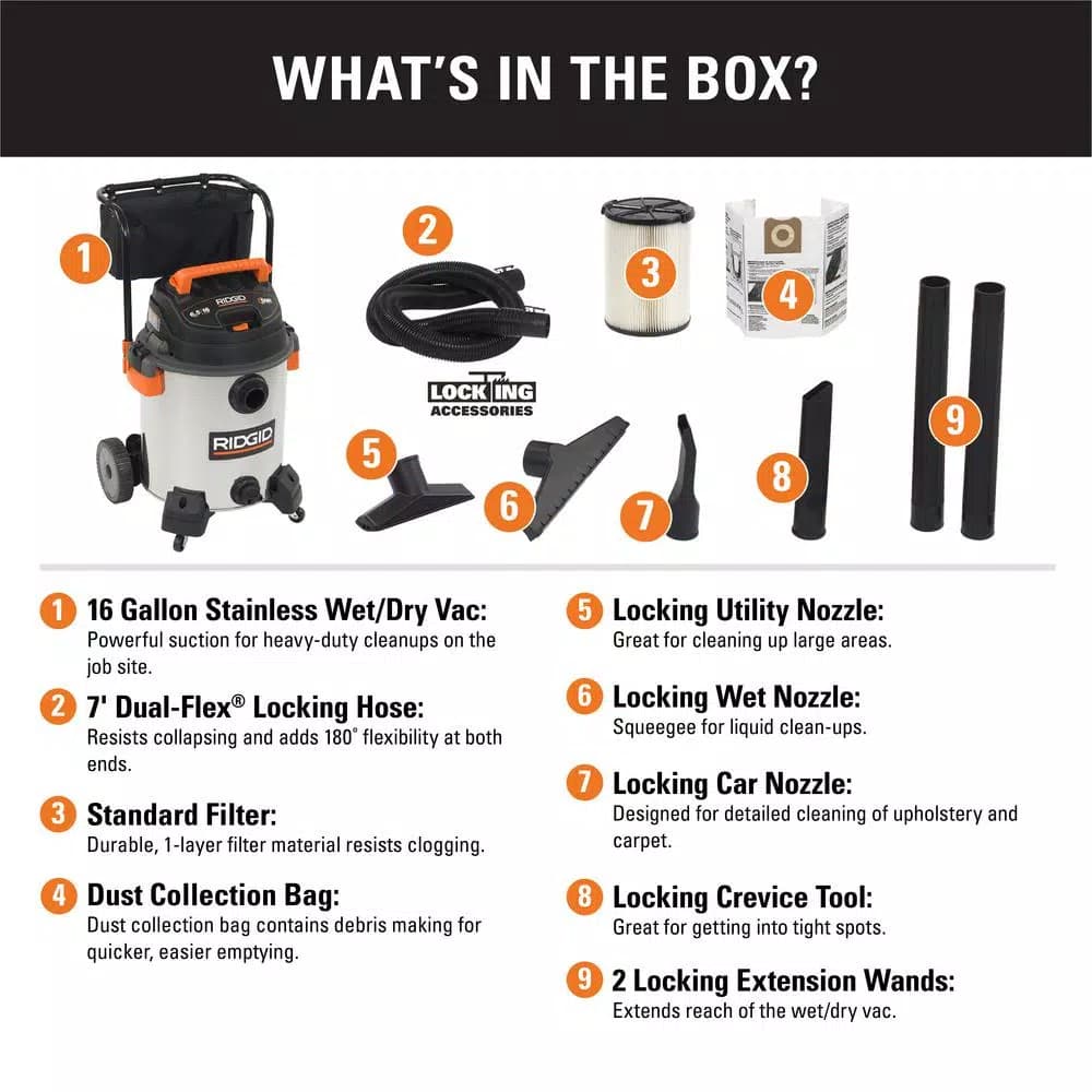 RIDGID 16 Gal. 6.5 Peak HP Stainless Steel Wet/Dry Shop Vacuum with 2.5 in. Locking Accessories