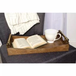 Kate and Laurel Ormond Brown Decorative Walnut Wood Tray with Polished Gold Metal Handles thumbnail 4