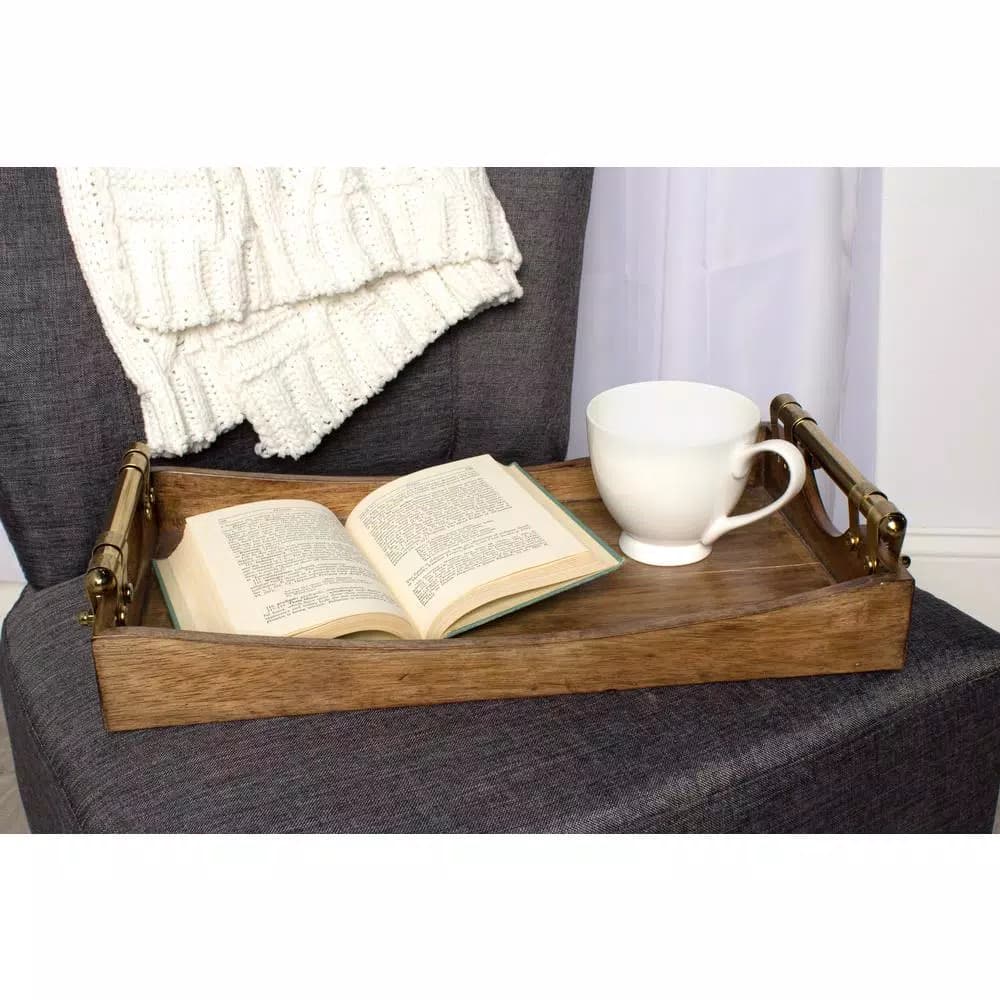 Kate and Laurel Ormond Brown Decorative Walnut Wood Tray with Polished Gold Metal Handles