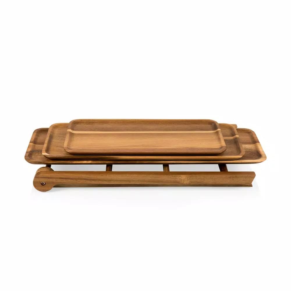 Picnic Time Acacia Wood 3-Tier Serving Ladder Station Set with Removable Trays