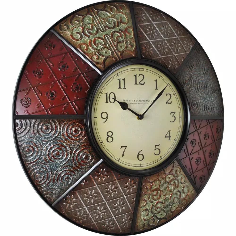 FirsTime 20.5 in. Round Patchwork Wall Clock, Multicolor Modern Quartz Movement
