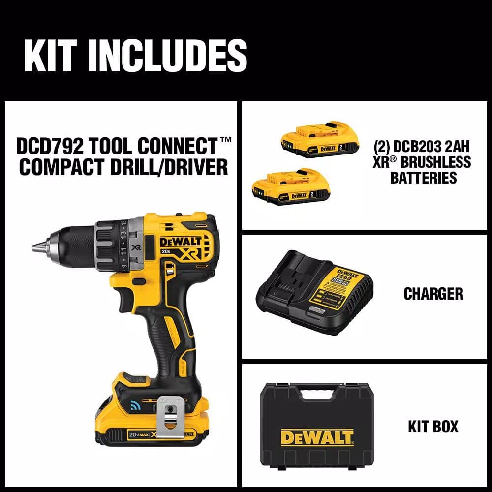 DEWALT 20V MAX XR Brushless 1/2 in. Compact Drill Driver Kit with (2) 2.0Ah Batteries and Tool Connect