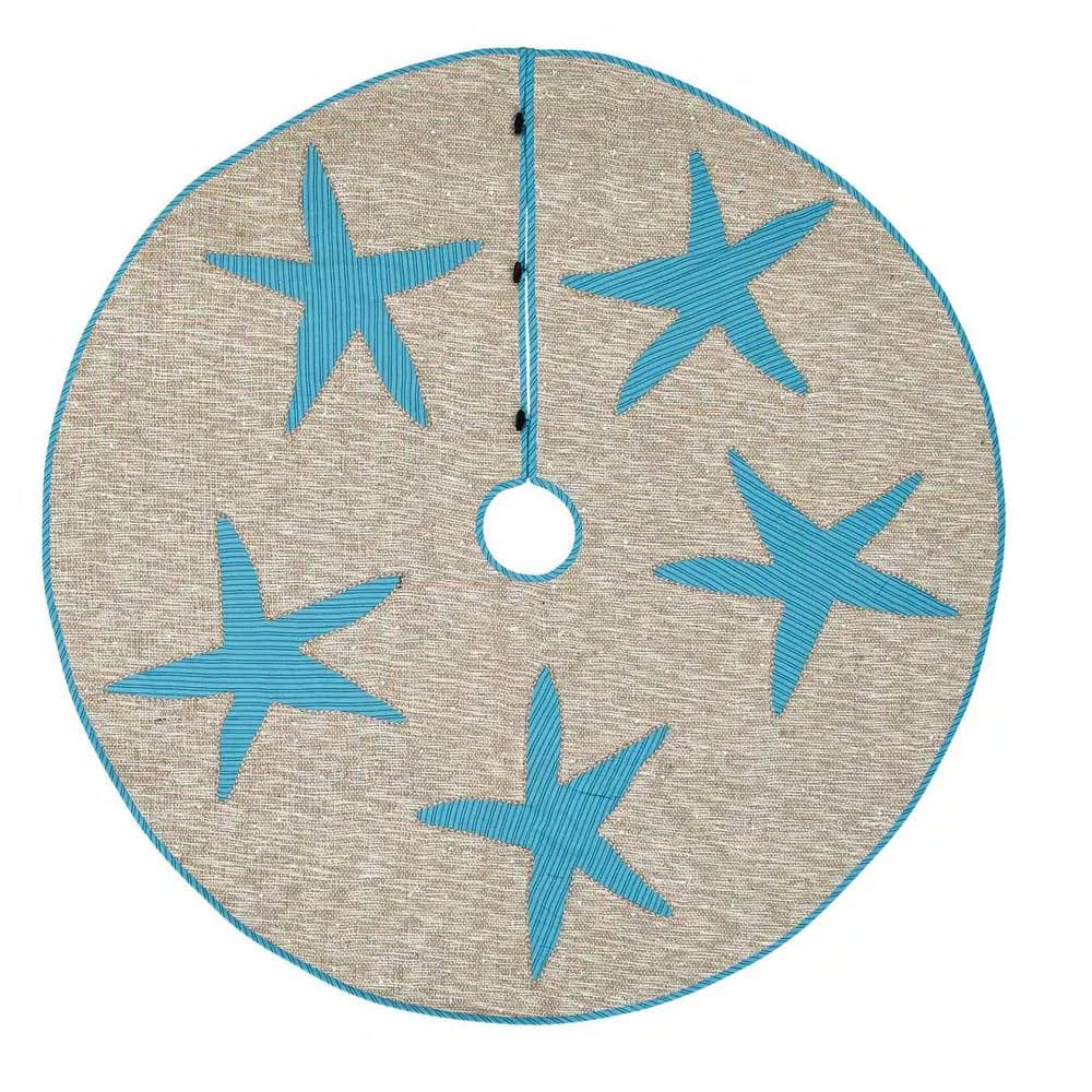 VHC Brands 55 in. Nerine Robin Egg Blue Coastal Christmas Tree Skirt with Starfish Appliqués