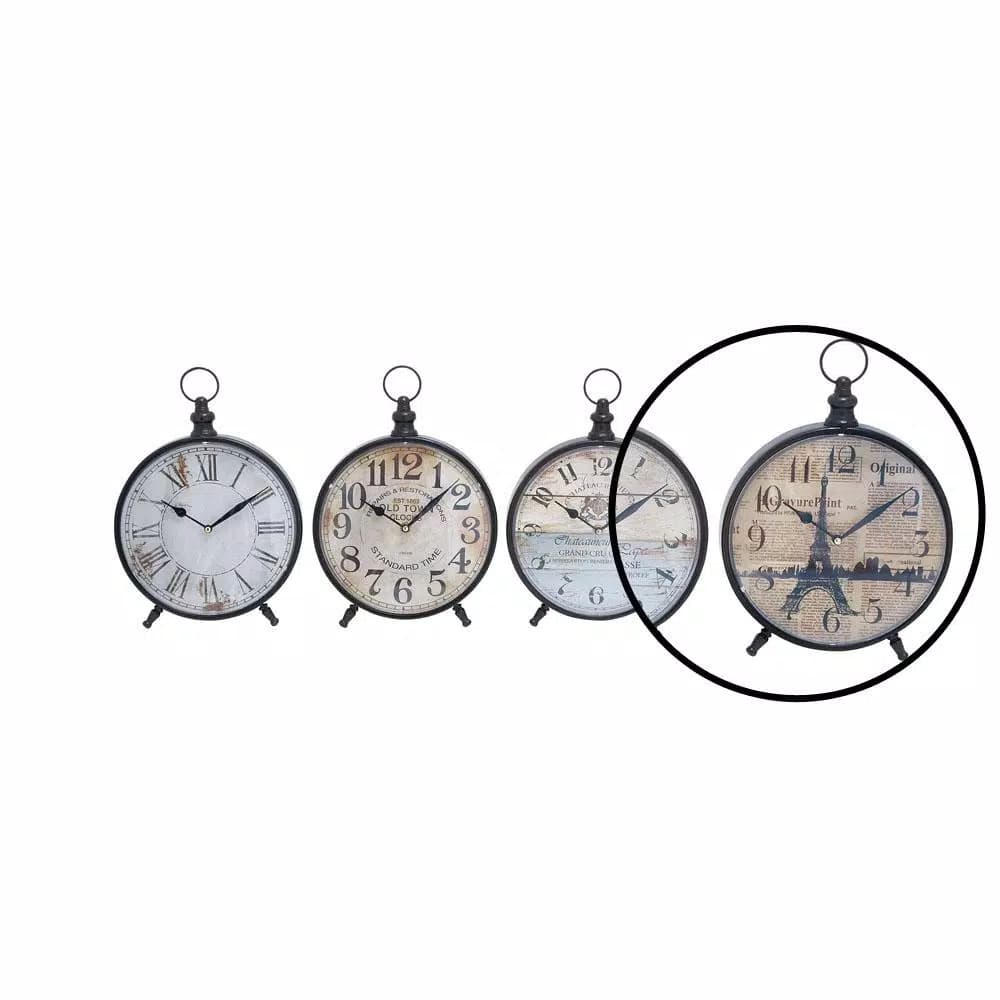 LITTON LANE Set of 4 Vintage-Style Round Peg-Legged Table Clocks, 12 in. x 9 in., Distressed Black and White