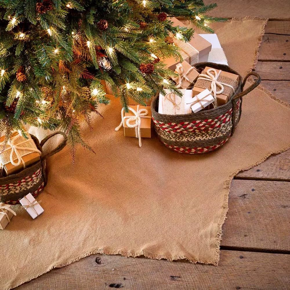 VHC Brands 48 in. Burlap Natural Tan Farmhouse Christmas Tree Skirt with 8-Point Star Design