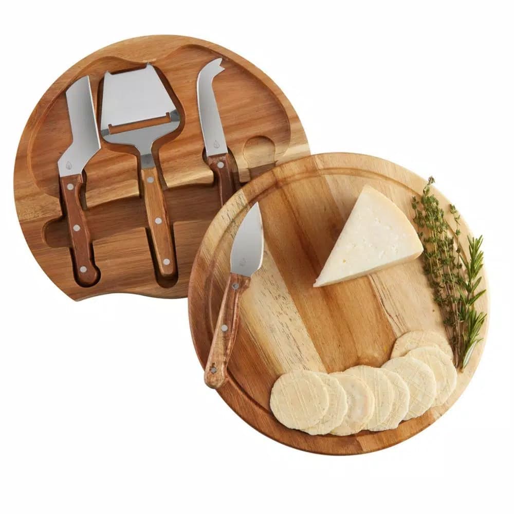 TOSCANA Acacia Circo Round Cheese Board and 4-Piece Stainless Steel Tool Set