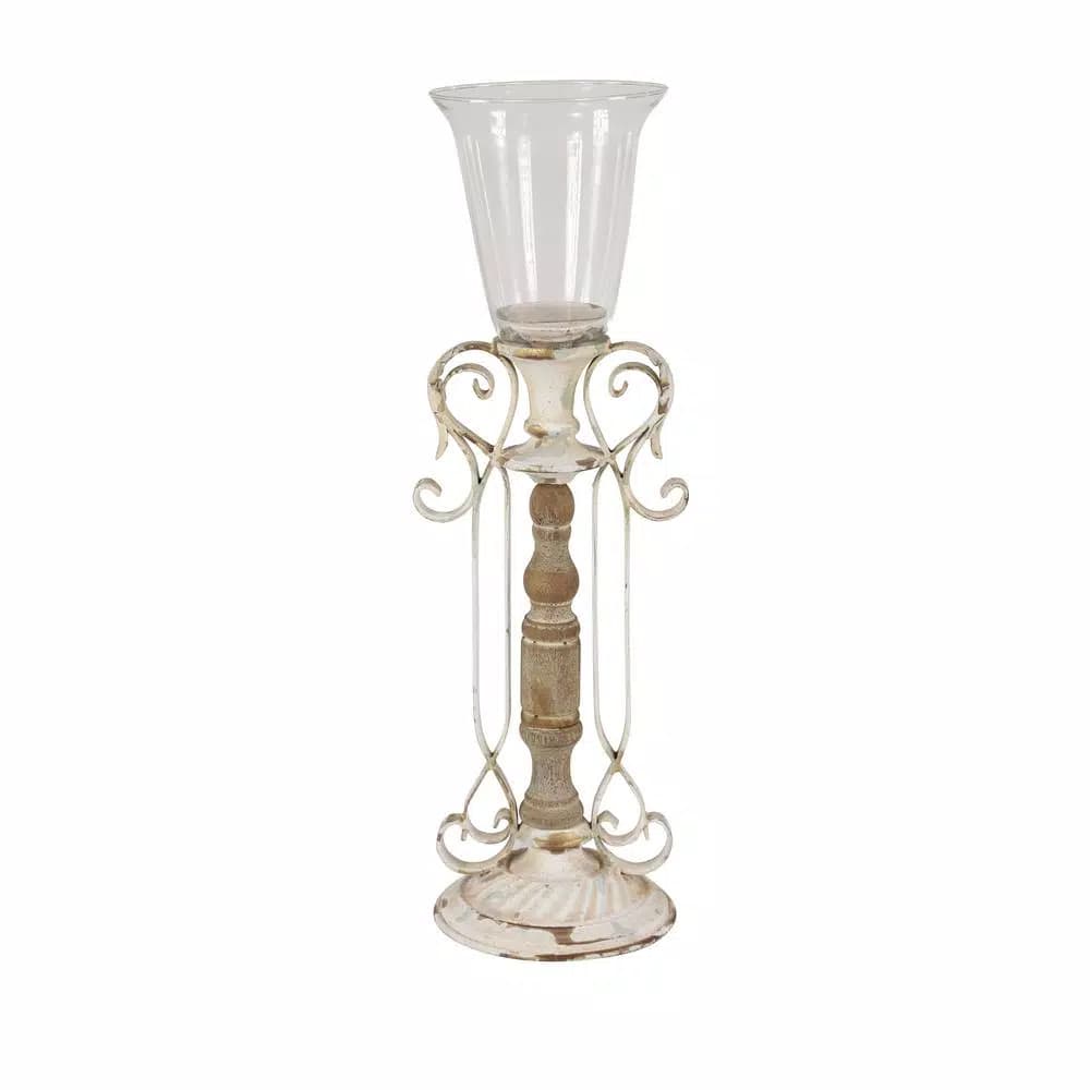 LITTON LANE Distressed White Wood, Glass and Metal Hurricane Candle Holder