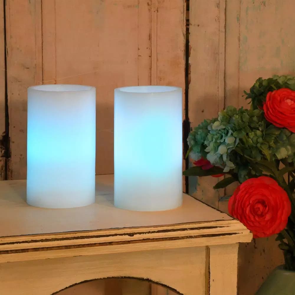 LUMABASE 3 in. Multicolor Remote Control LED Pillar Wax Candles, Set of 2