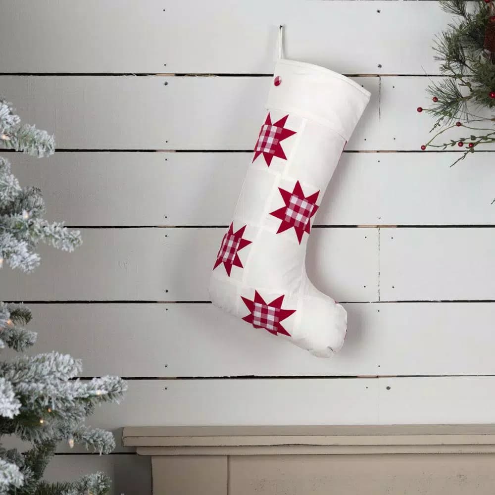 VHC Brands Emmie Farmhouse Christmas Decor 20 in. Red and White Check Cotton Patch Stocking