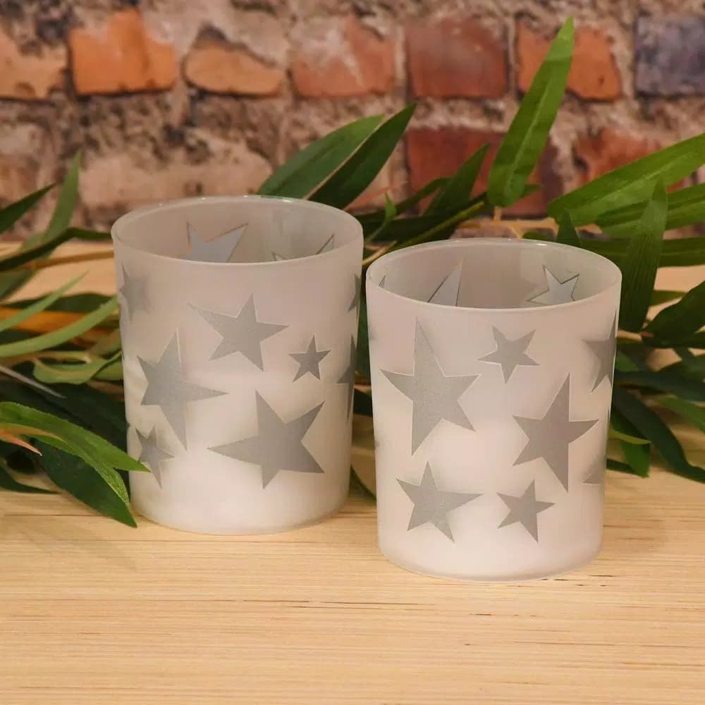 LUMABASE Silver Stars Frosted Glass LED Battery Operated Candles, 2-Count
