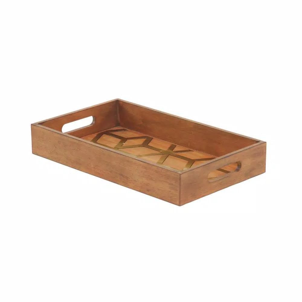 LITTON LANE Rustic Brown Wood Decorative Trays with Gold Geometric Patterns, Set of 2