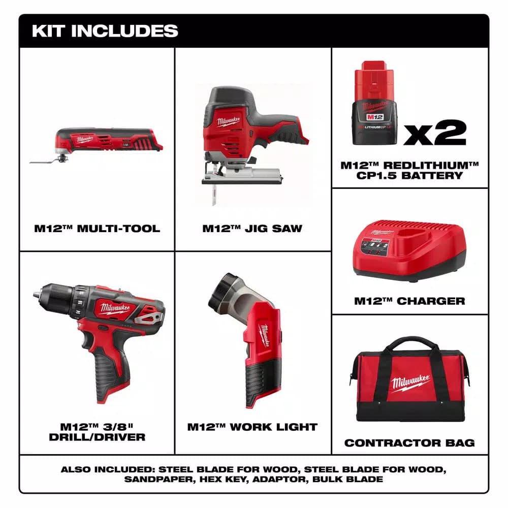 Milwaukee M12 12V Lithium-Ion Cordless 4-Tool Combo Kit with 2 1.5 Ah Batteries, Charger, and Tool Bag