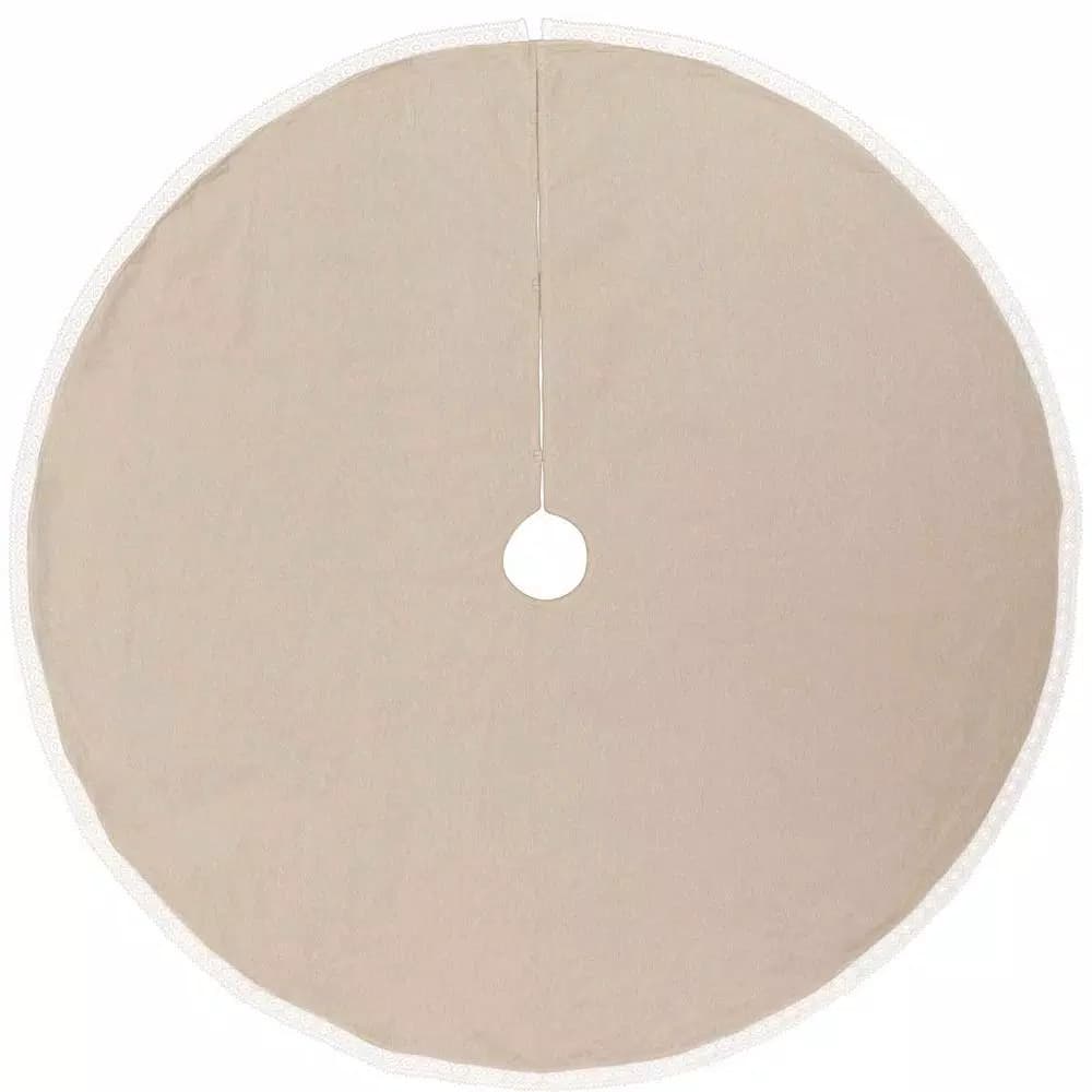 VHC Brands 55 in. Grey Margot Farmhouse Christmas Tree Skirt with Diamond Lace and Chambray