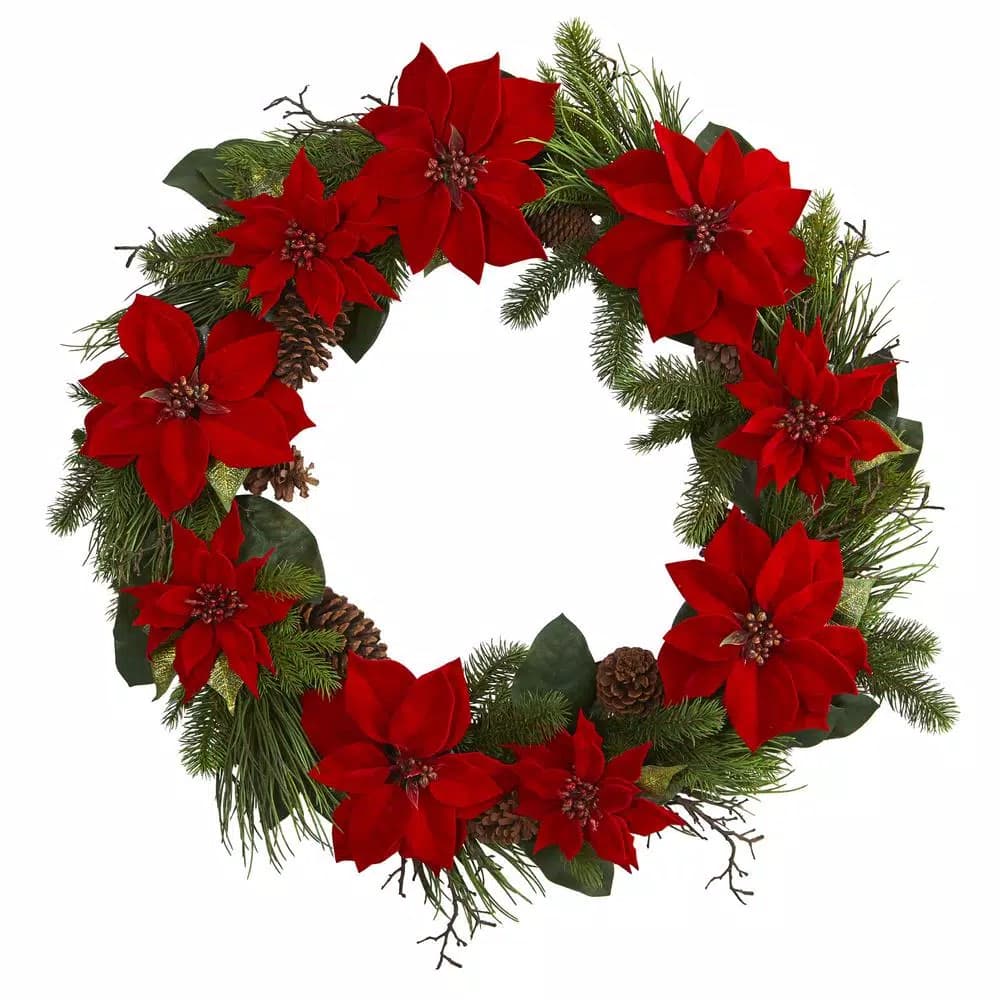 Nearly Natural 36 in. Artificial Poinsettia and Pine Holiday Wreath, Red