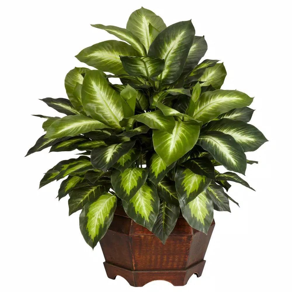 Nearly Natural 24 in. Green and Golden Dieffenbachia Silk Plant in Hexagon Wood Container