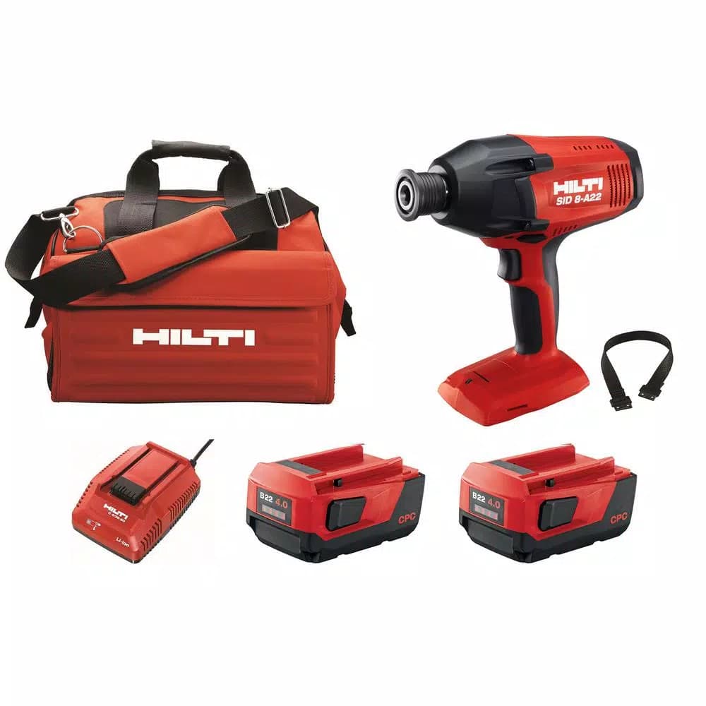 Hilti SID 8-A22 22V Cordless Impact Driver Kit with Two 4.0 Ah Batteries, Charger, and Strap