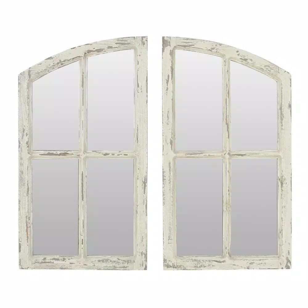 Aspire Home Accents Pueblo Distressed Off-White Wood Arch Windowpane Mirror Set (27 x 15 in.)