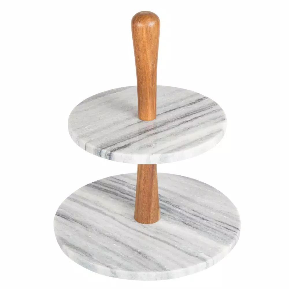 Creative Home 2-Tier Natural Marble and Acacia Wood Cake Dessert Stand, Round Pastry & Fruit Server