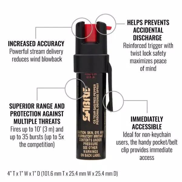 SABRE 3-in-1 Compact Pepper Spray with Clip - 10 ft Range Stream Delivery