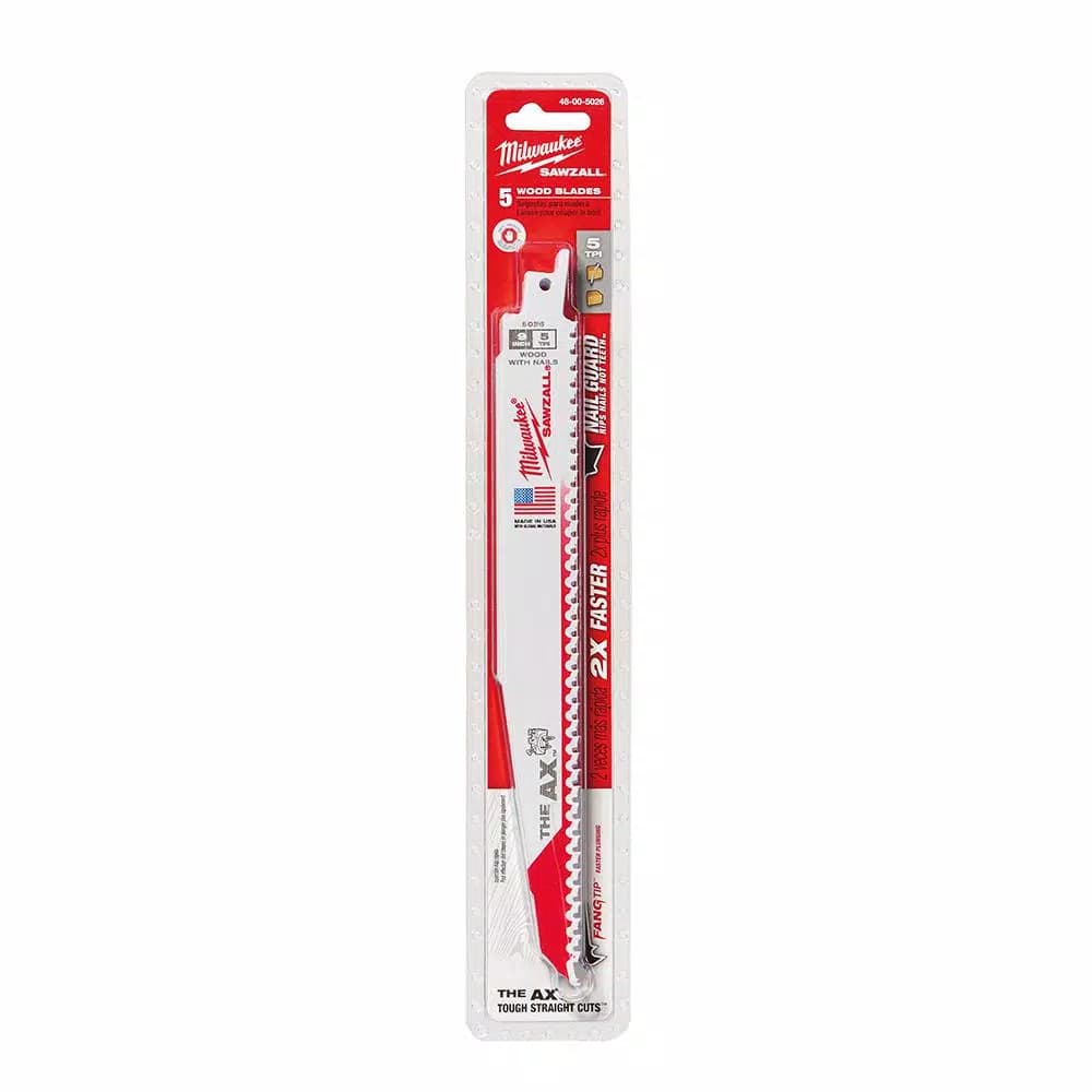 Milwaukee AX 9 in. 5 TPI Wood & Nail Embedded Wood Reciprocating Saw Blades (5-Pack)