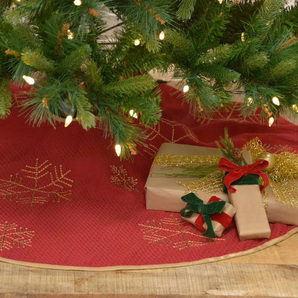 VHC Brands Revelry 48 in. Brick Red Traditional Christmas Tree Skirt with Embroidered Snowflakes