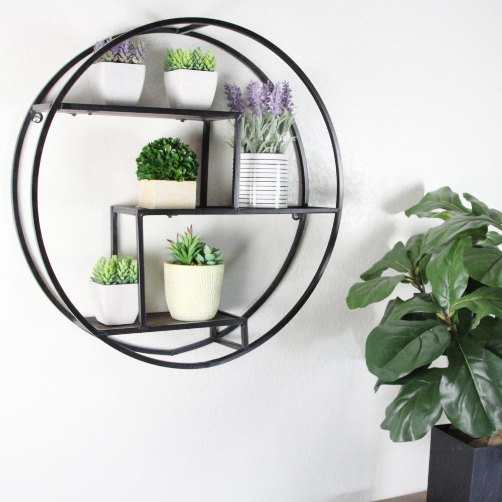 Admired By Nature 23 in. Black Round 3-Tier Iron and Wood Wall-Mounted Floating Shelves