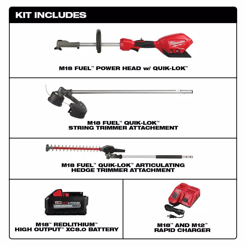 Milwaukee M18 FUEL 18V Brushless Cordless String Trimmer Kit with Hedge Trimmer Attachment & 8 Ah Battery