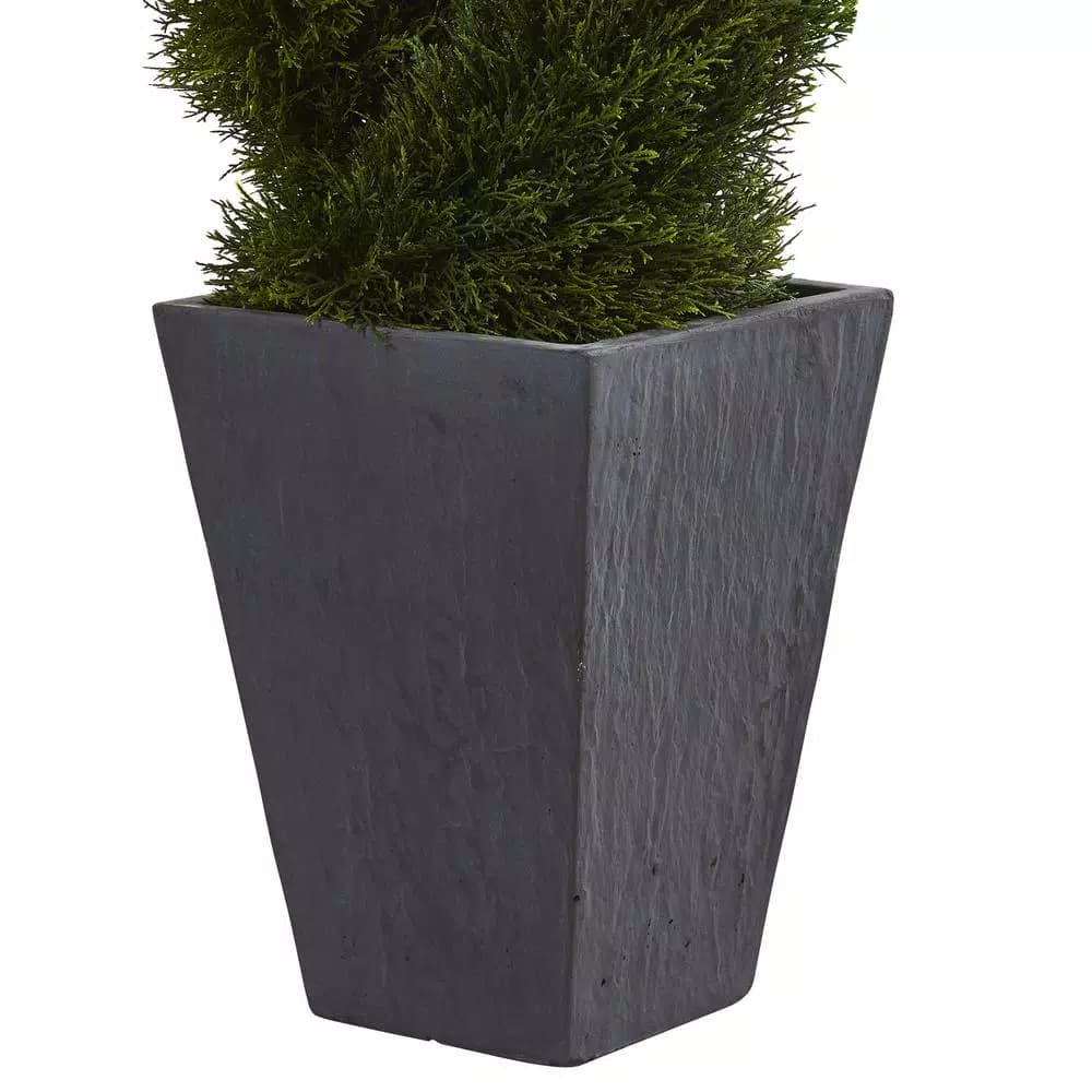 Nearly Natural 4 ft. Artificial Cypress Double Spiral Topiary Tree in Slate Planter, UV Resistant Indoor/Outdoor