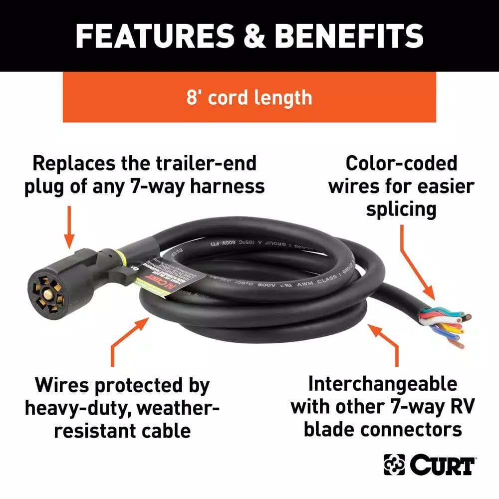 CURT 8' Replacement 7-Way RV Blade Harness - Trailer Side Connector
