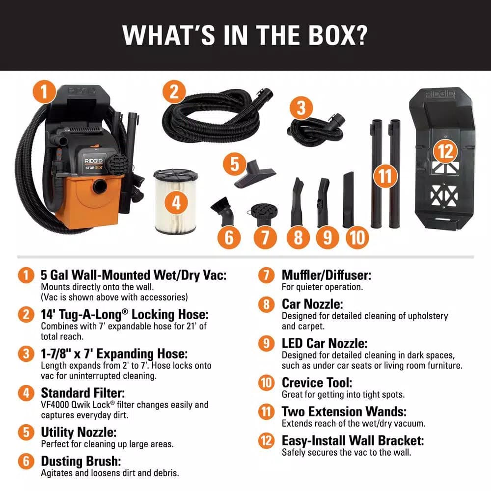RIDGID 5 Gal. 5.0 Peak HP Stor-N-Go Portable Wet/Dry Shop Vacuum with Wall Mount and LED Car Nozzle