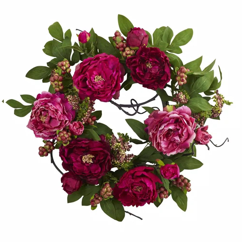 Nearly Natural Peony and Berry 20 in. Wreath - Red, Pink, and Burgundy Floral Decor